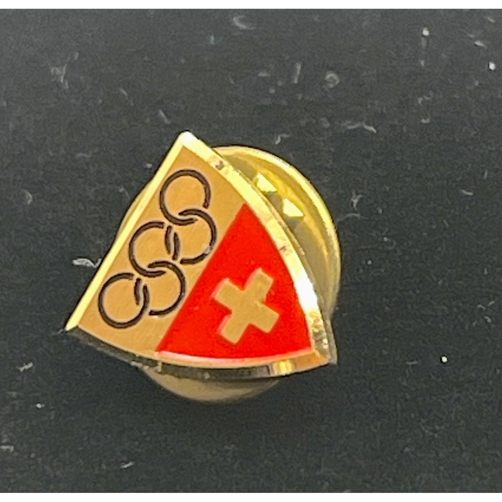 Vintage Switzerland Swiss Olympic Team Shield Lapel Pin Gold Tone Red Enamel